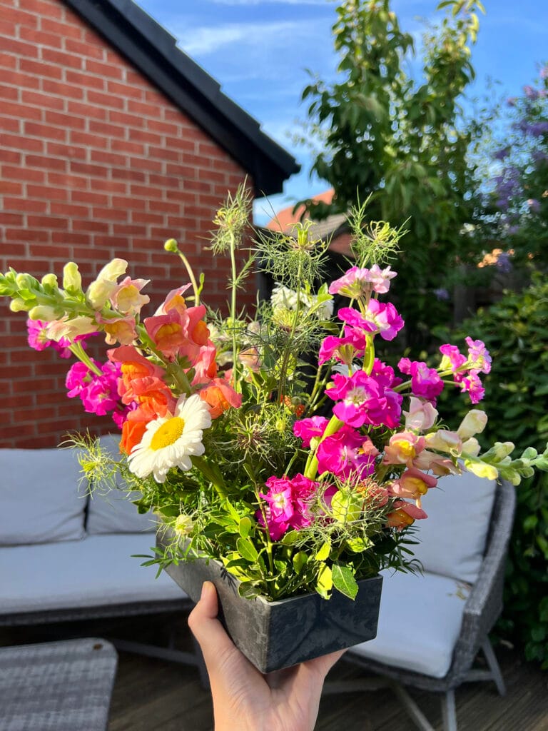 Person holding colourful flower arrangement in garden