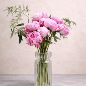 Pink peonies in a clear glass vase on table.