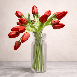 Red tulips in a clear glass vase